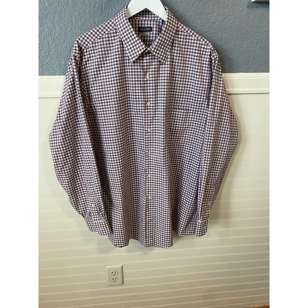 Van Heusen Regular Fit Wrinkle Free Plum Plaid Collared Dress Shirt Size 17 1/2